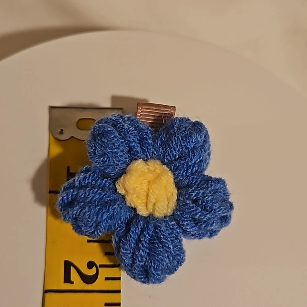 Hand Crafted Hand Knit Crochet Blue & Yellow Puffy Flowers 2-Set handmade clips